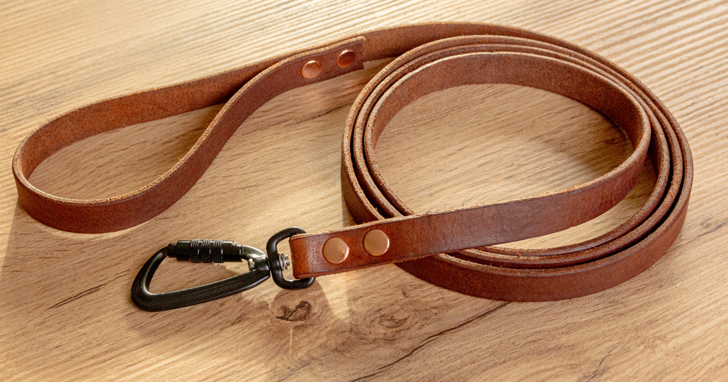 Light Brown Leather Dog Leash with Twist-Lock carabiner, 20 mm