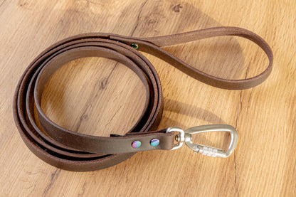 Dark Brown Leather Dog Leash with Twist-Lock carabiner, 20 mm