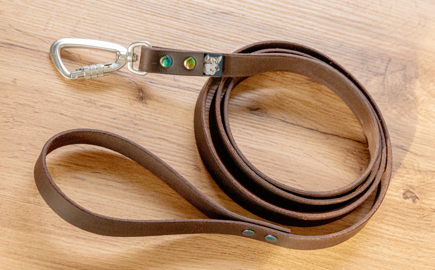 Dark Brown Leather Dog Leash with Twist-Lock carabiner, 20 mm